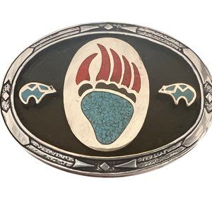 Turquoise Coral Bear Paw Belt Buckle Claw Inlay Zuni Yellowstone